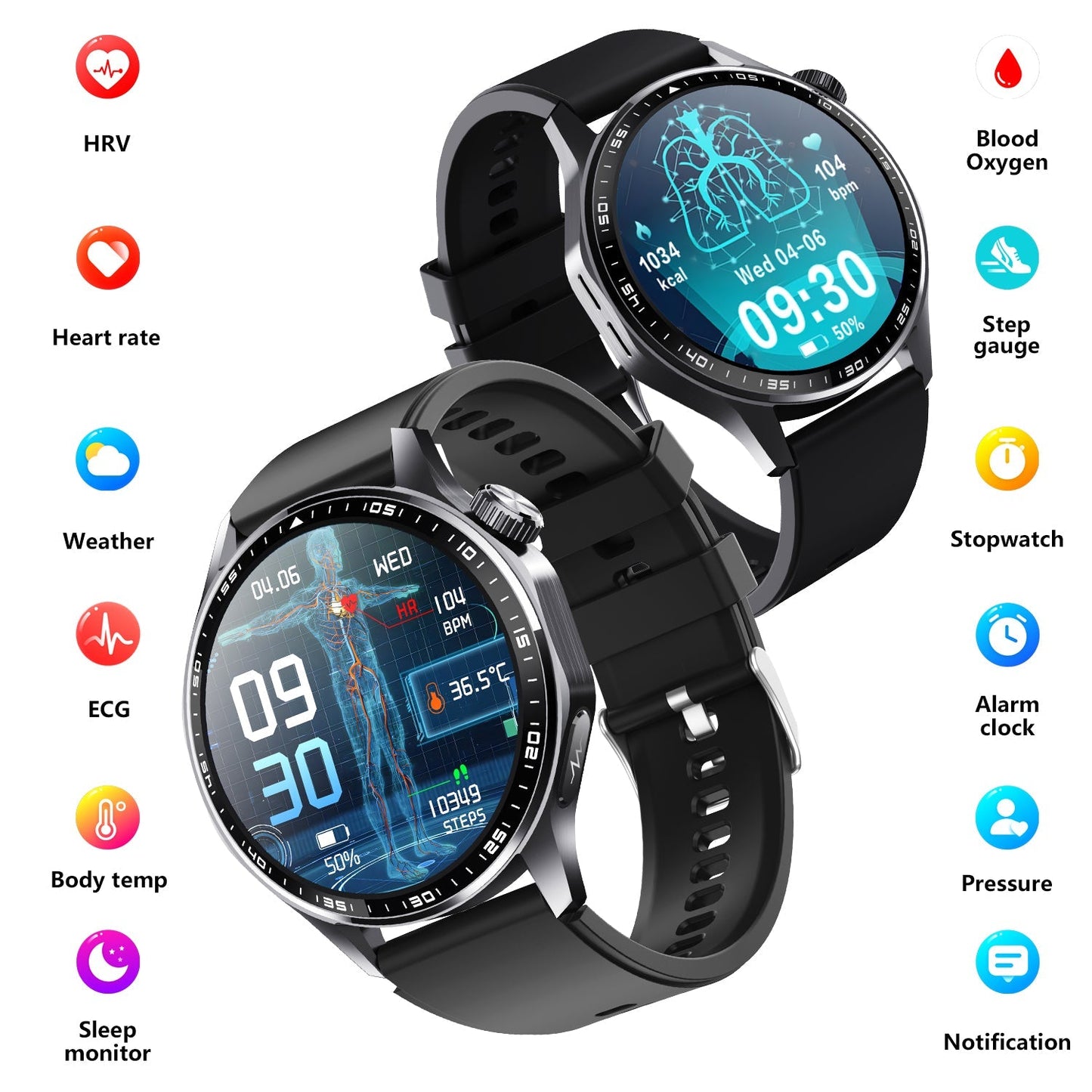 Advanced Health and Fitness Smartwatch with Tools to Manage Stress and Sleep, ECG App, SpO2, 24/7 Heart Rate WAUTTON