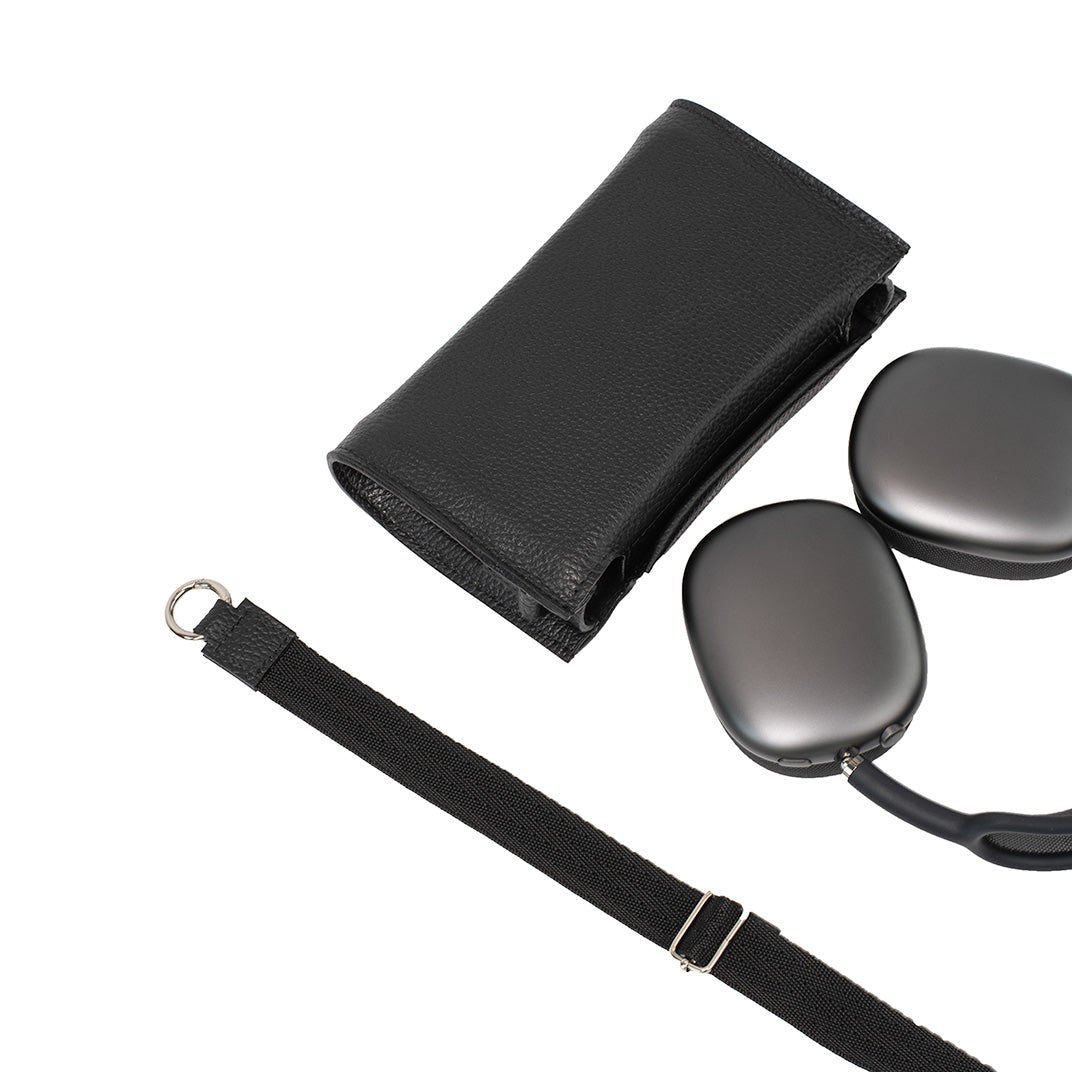 Leather Case with Adjustable Fabric Strap for AirPods Max (Black) Geometric Goods