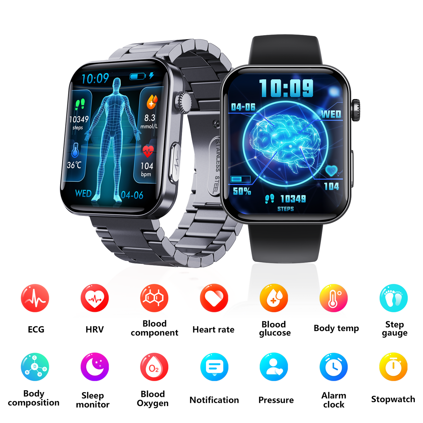 ECG smart watch with blood pressure monitor body temperature blood glucose heart rate blood oxygen Wautton Outdoor Gear